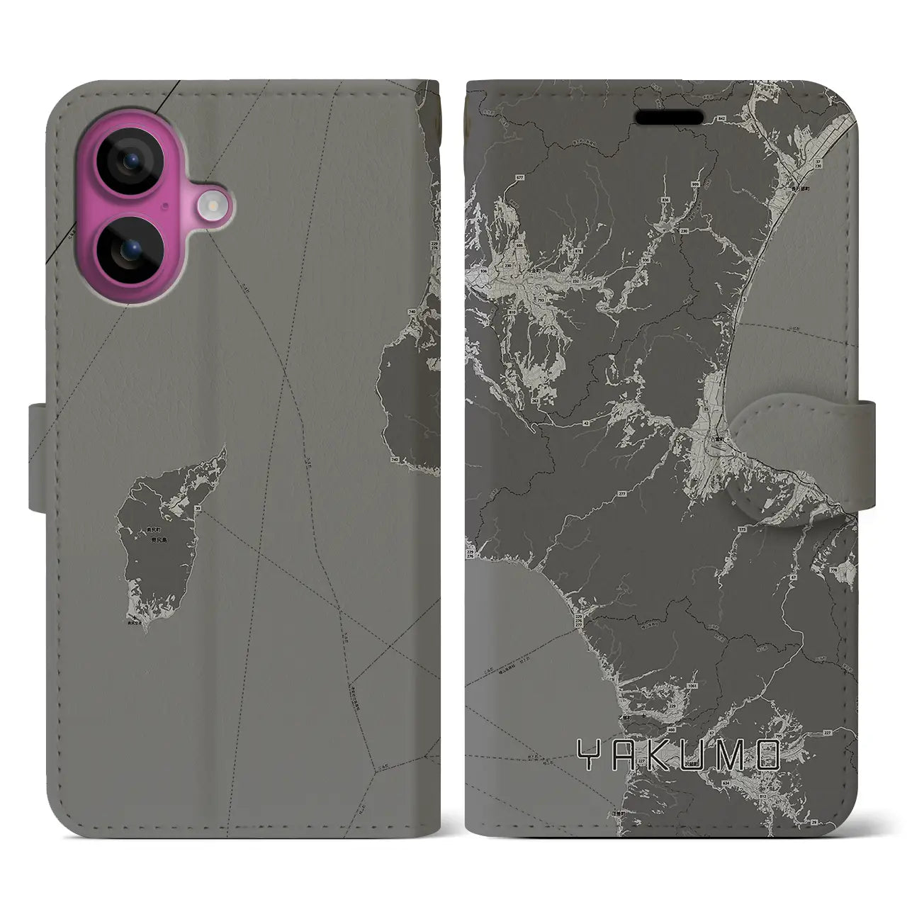 【八雲(北海道)】地図柄iPhoneケース(手帳タイプ)モノトーン・iPhone 16 Pro 用