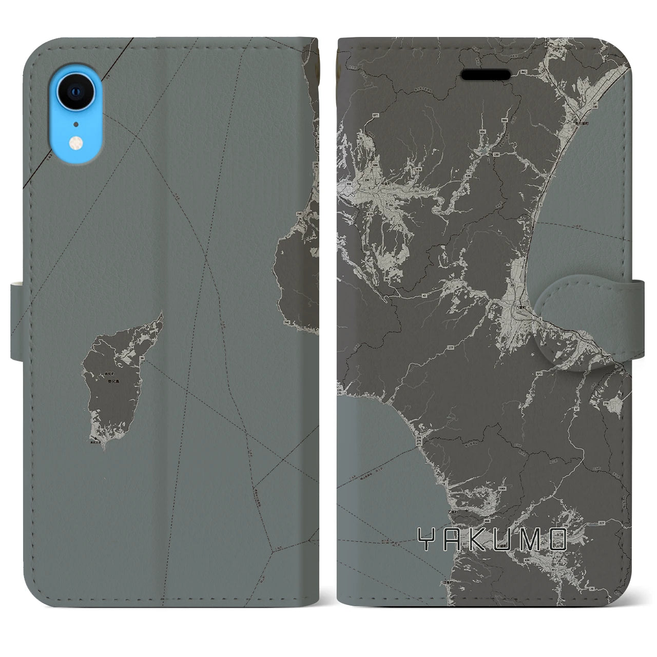 【八雲(北海道)】地図柄iPhoneケース(手帳タイプ)モノトーン・iPhone XR 用