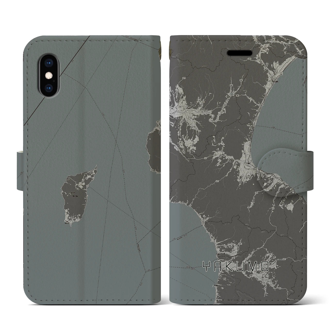 【八雲(北海道)】地図柄iPhoneケース(手帳タイプ)モノトーン・iPhone XS / X 用