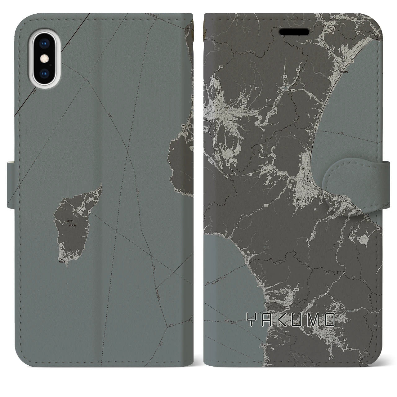 【八雲(北海道)】地図柄iPhoneケース(手帳タイプ)モノトーン・iPhone XS Max 用