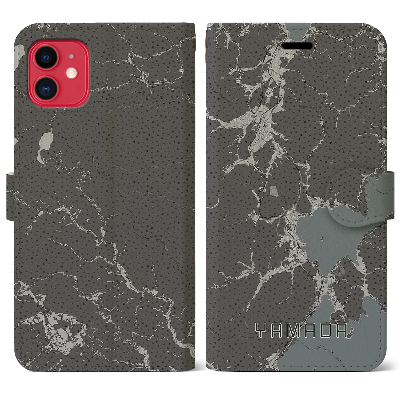 【山田(岩手県)】地図柄iPhoneケース(手帳タイプ)モノトーン・iPhone 11 用