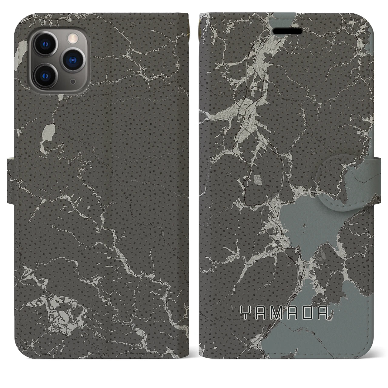 【山田(岩手県)】地図柄iPhoneケース(手帳タイプ)モノトーン・iPhone 11 Pro Max 用