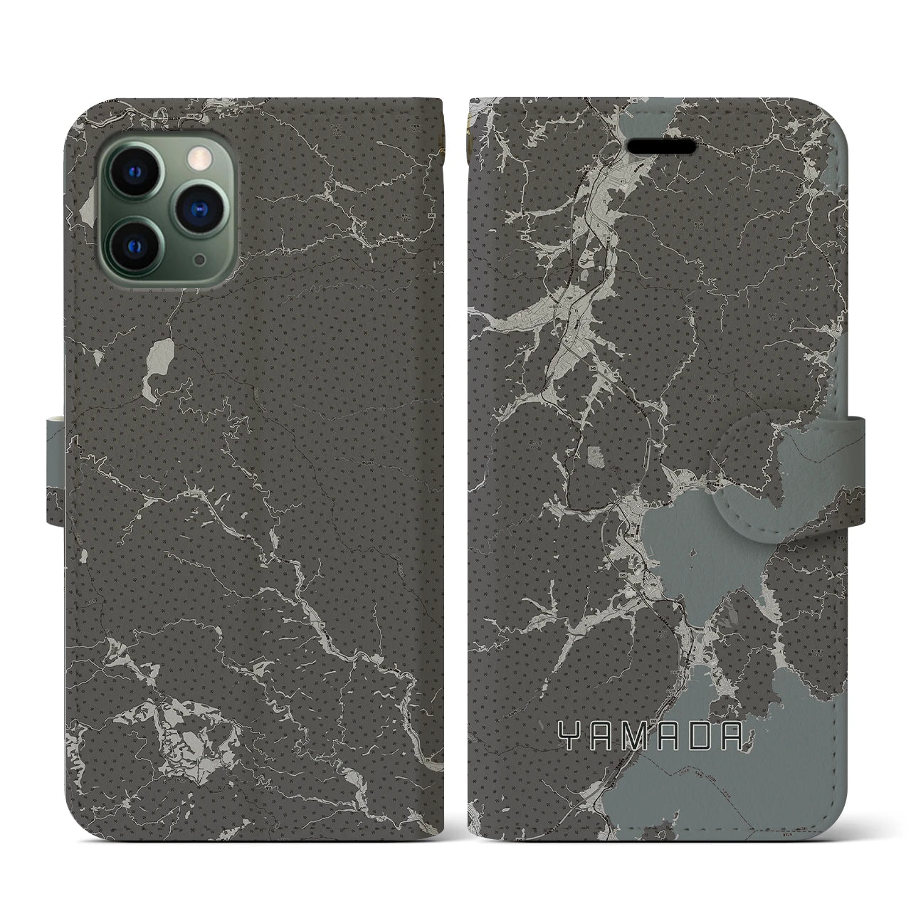 【山田(岩手県)】地図柄iPhoneケース(手帳タイプ)モノトーン・iPhone 11 Pro 用