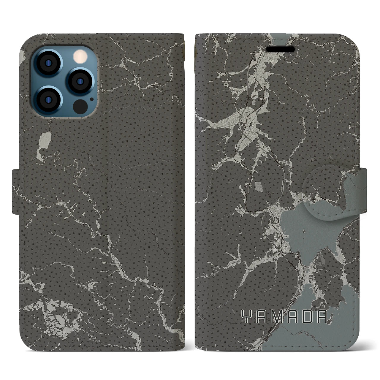 【山田(岩手県)】地図柄iPhoneケース(手帳タイプ)モノトーン・iPhone 12 / 12 Pro 用