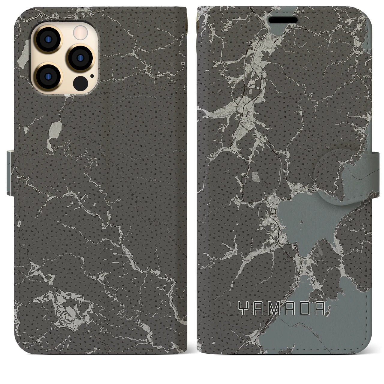 【山田(岩手県)】地図柄iPhoneケース(手帳タイプ)モノトーン・iPhone 12 Pro Max 用