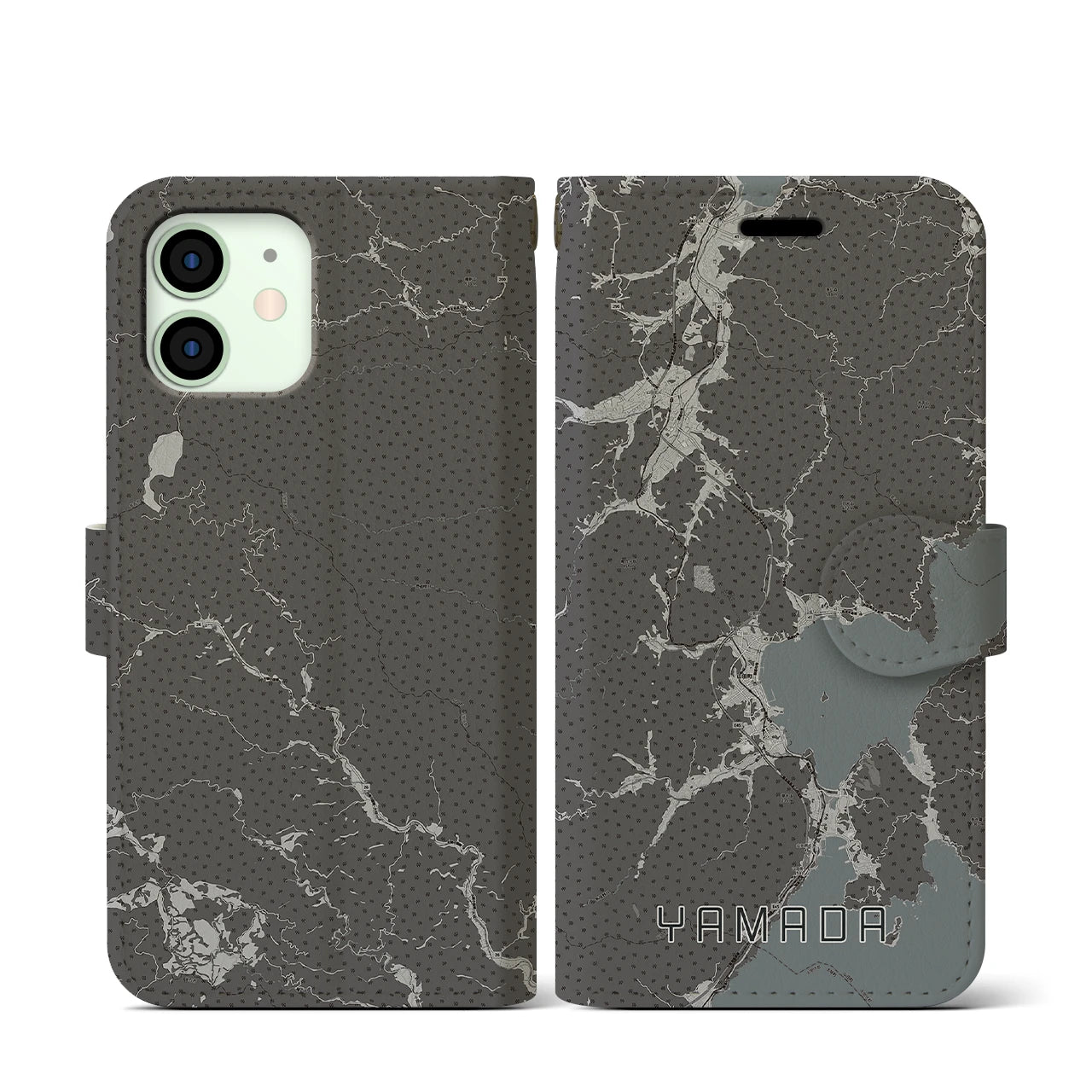 【山田(岩手県)】地図柄iPhoneケース(手帳タイプ)モノトーン・iPhone 12 mini 用