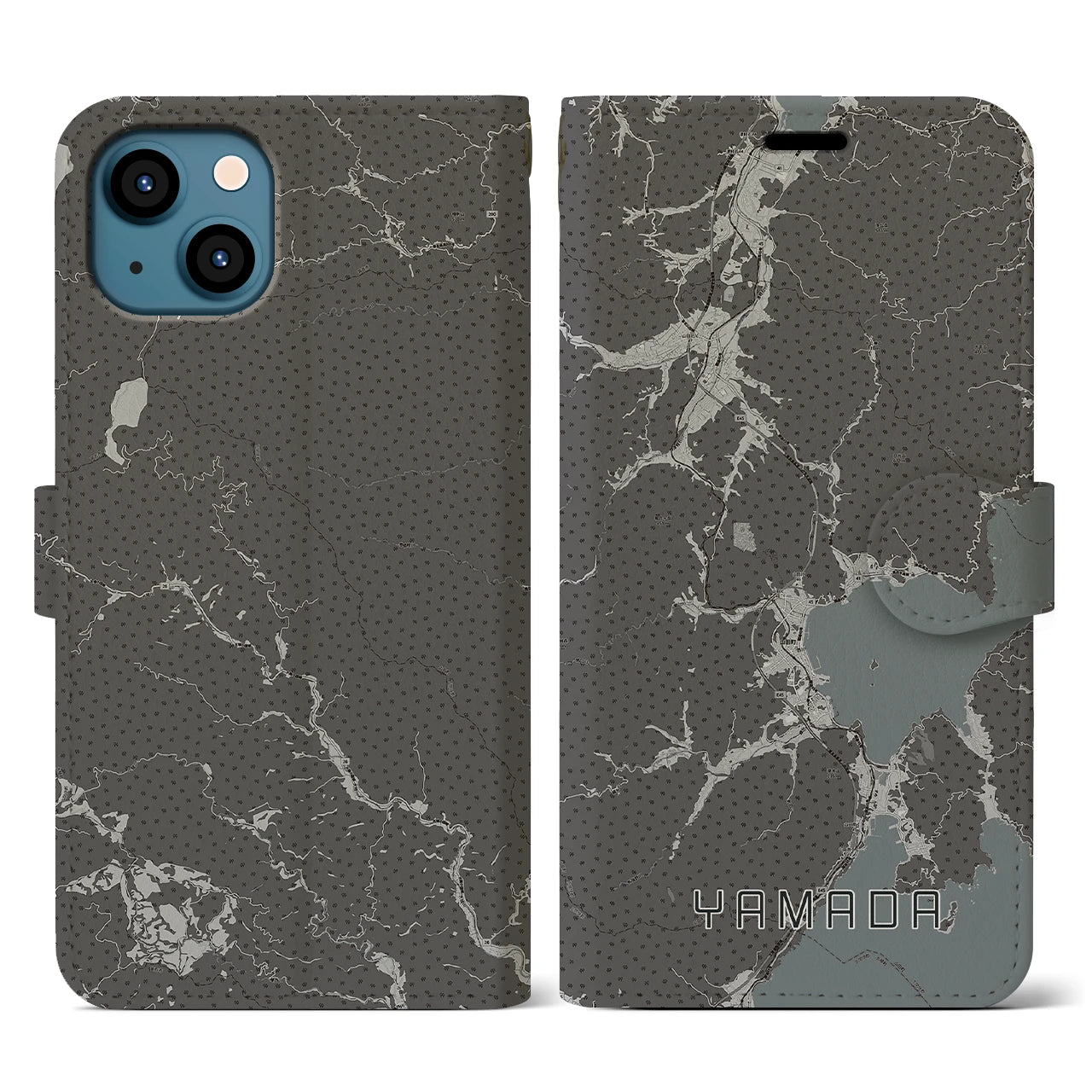 【山田(岩手県)】地図柄iPhoneケース(手帳タイプ)モノトーン・iPhone 13 用