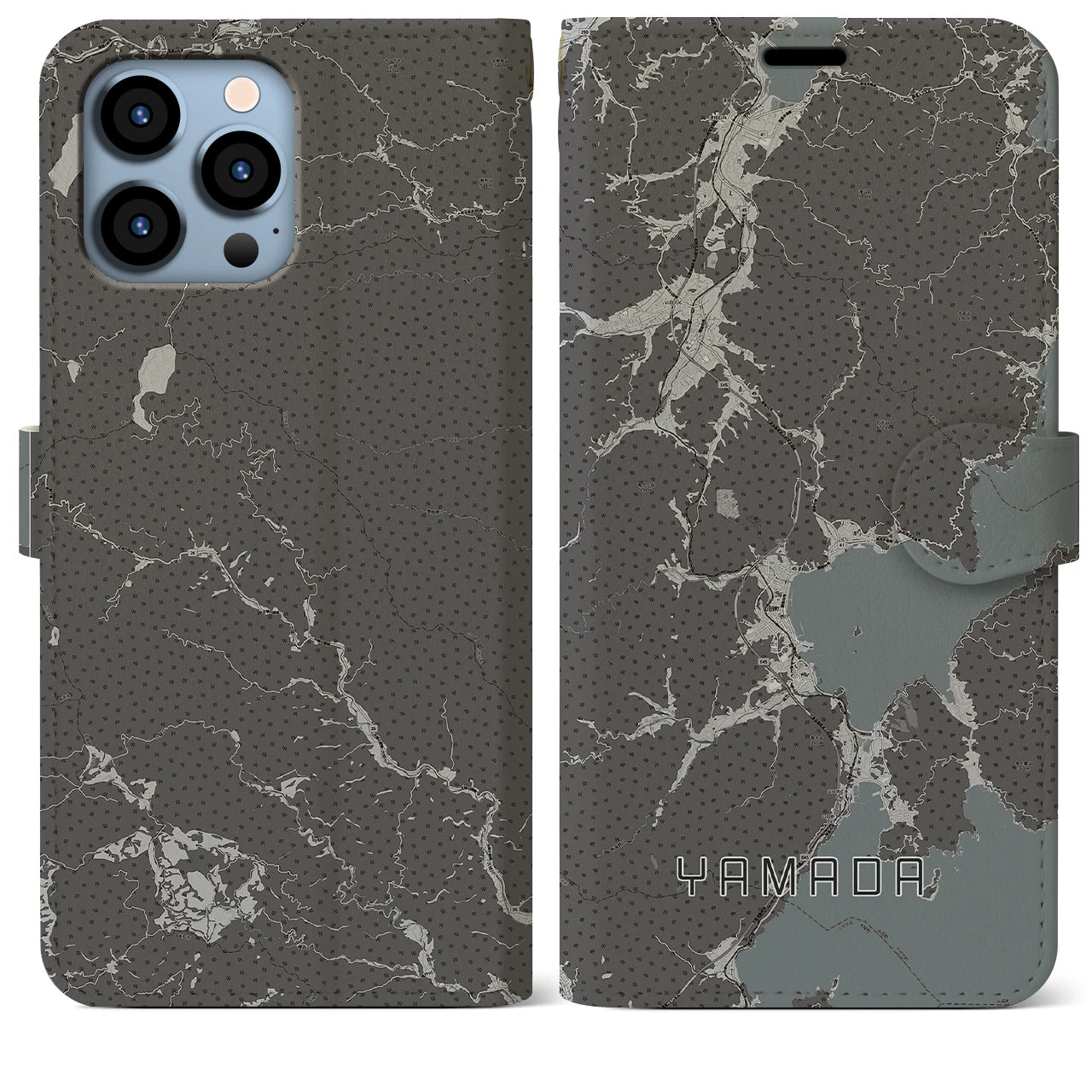 【山田(岩手県)】地図柄iPhoneケース(手帳タイプ)モノトーン・iPhone 13 Pro Max 用