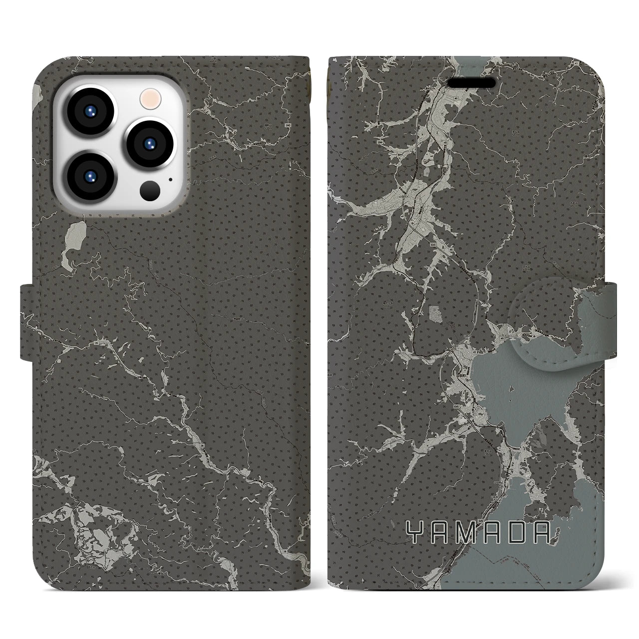 【山田(岩手県)】地図柄iPhoneケース(手帳タイプ)モノトーン・iPhone 13 Pro 用