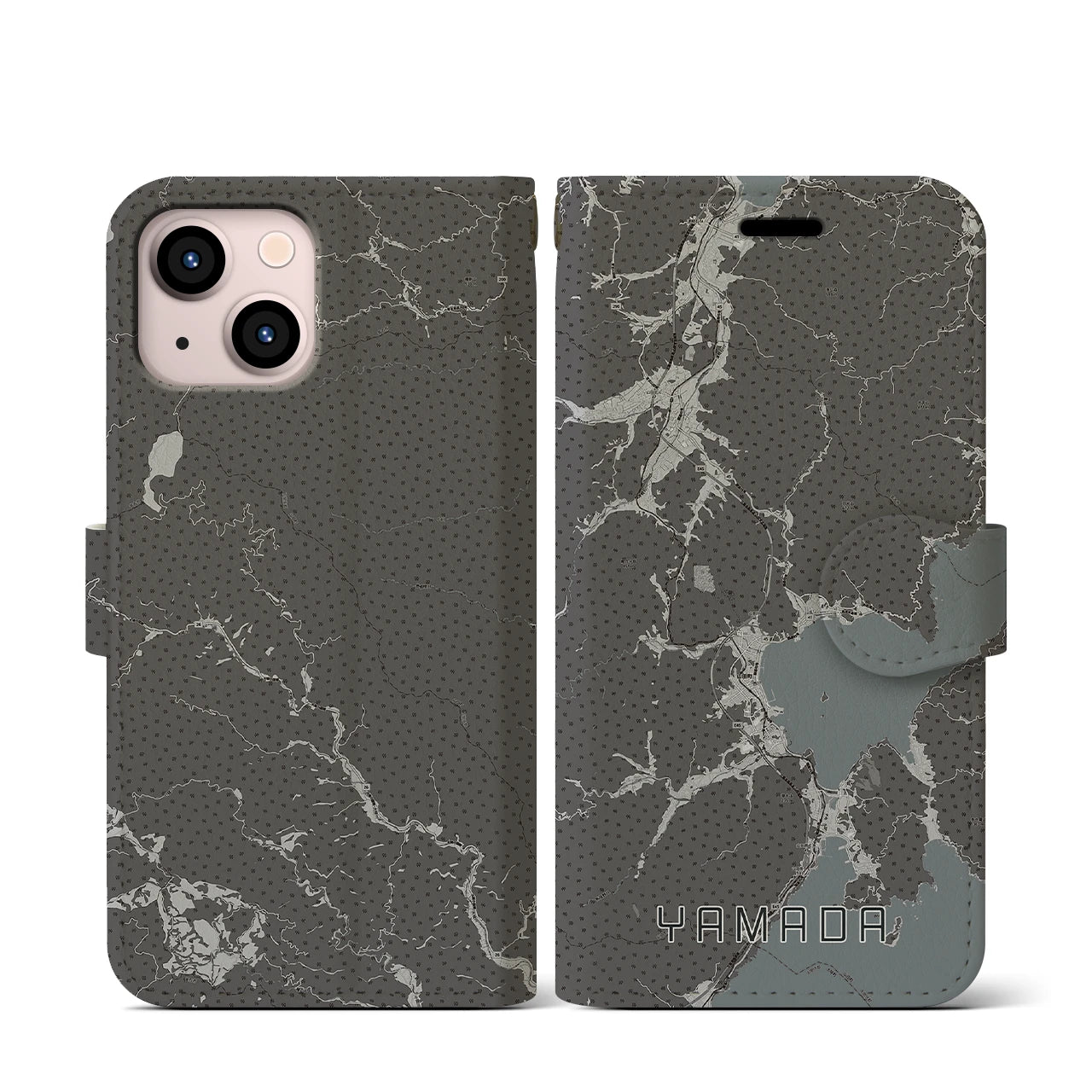 【山田(岩手県)】地図柄iPhoneケース(手帳タイプ)モノトーン・iPhone 13 mini 用