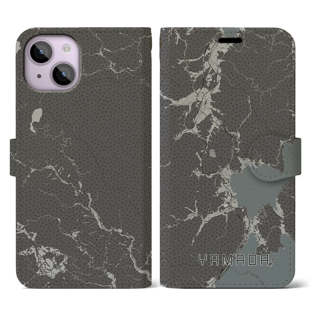 【山田(岩手県)】地図柄iPhoneケース(手帳タイプ)モノトーン・iPhone 14 用