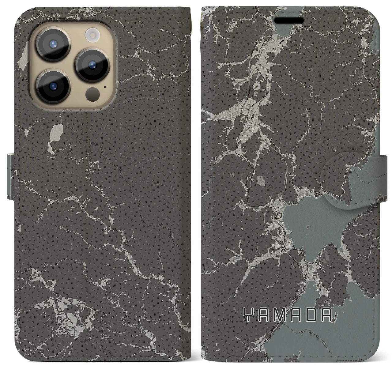 【山田(岩手県)】地図柄iPhoneケース(手帳タイプ)モノトーン・iPhone 14 Pro Max 用