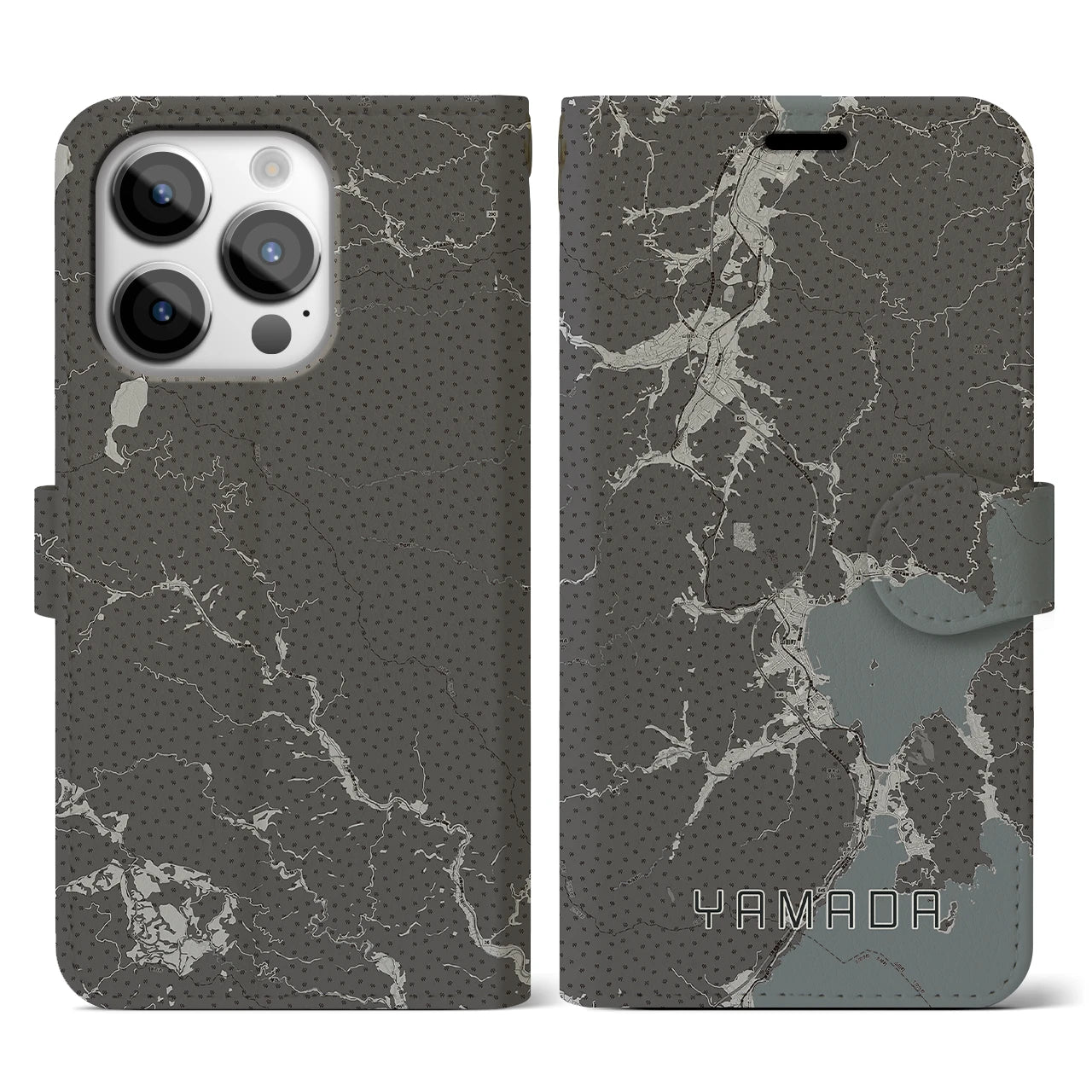 【山田(岩手県)】地図柄iPhoneケース(手帳タイプ)モノトーン・iPhone 14 Pro 用