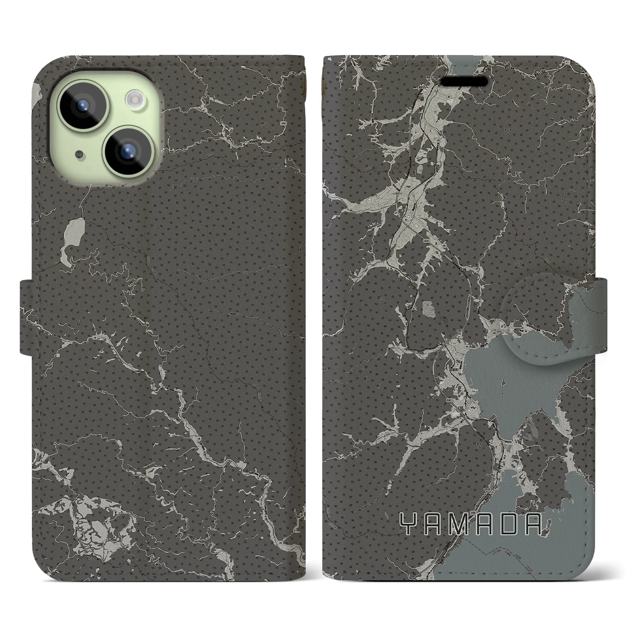 【山田(岩手県)】地図柄iPhoneケース(手帳タイプ)モノトーン・iPhone 15 用