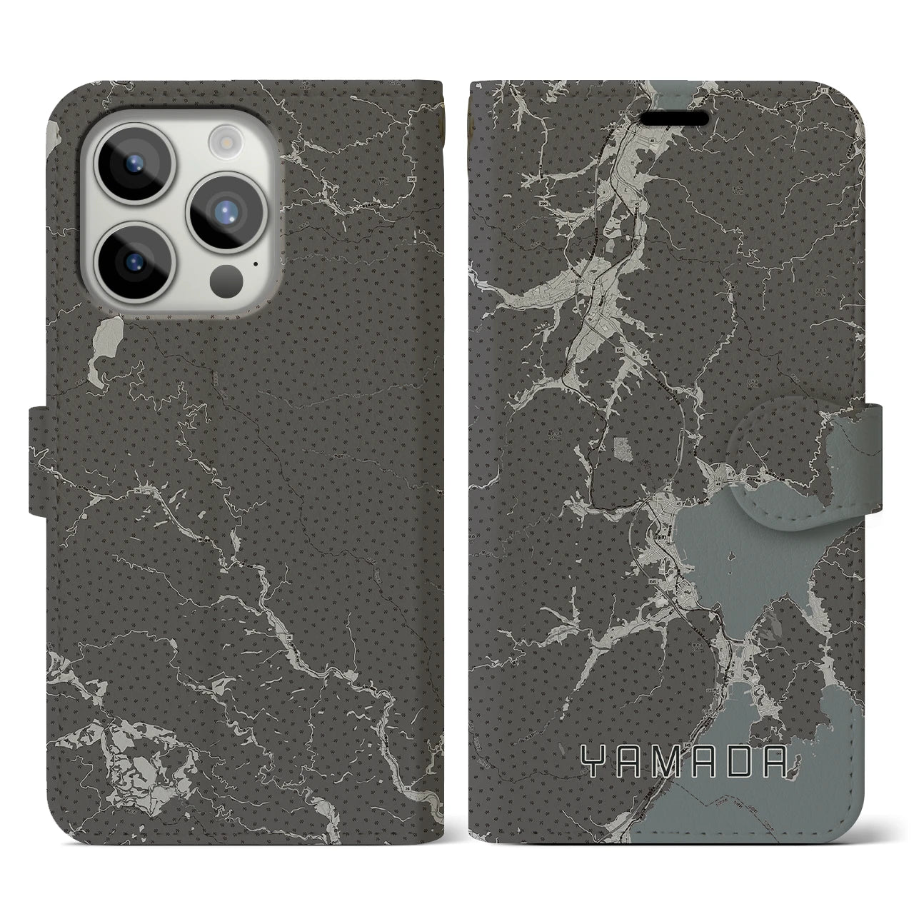 【山田(岩手県)】地図柄iPhoneケース(手帳タイプ)モノトーン・iPhone 15 Pro 用