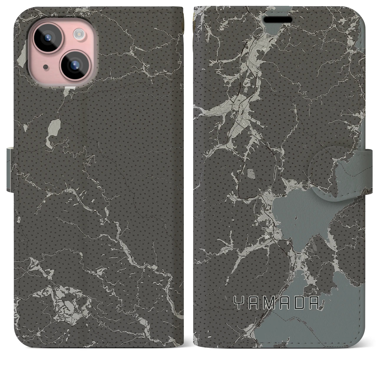 【山田(岩手県)】地図柄iPhoneケース(手帳タイプ)モノトーン・iPhone 15 Plus 用