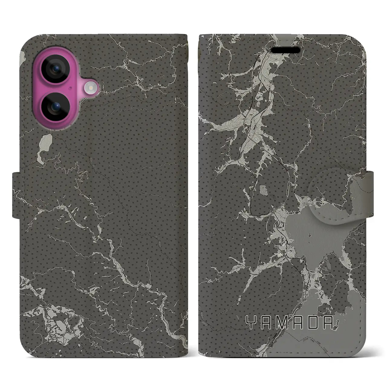 【山田(岩手県)】地図柄iPhoneケース(手帳タイプ)モノトーン・iPhone 16 Pro 用