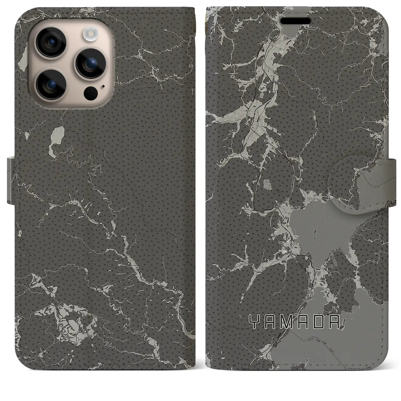 【山田(岩手県)】地図柄iPhoneケース(手帳タイプ)モノトーン・iPhone 16 Plus 用