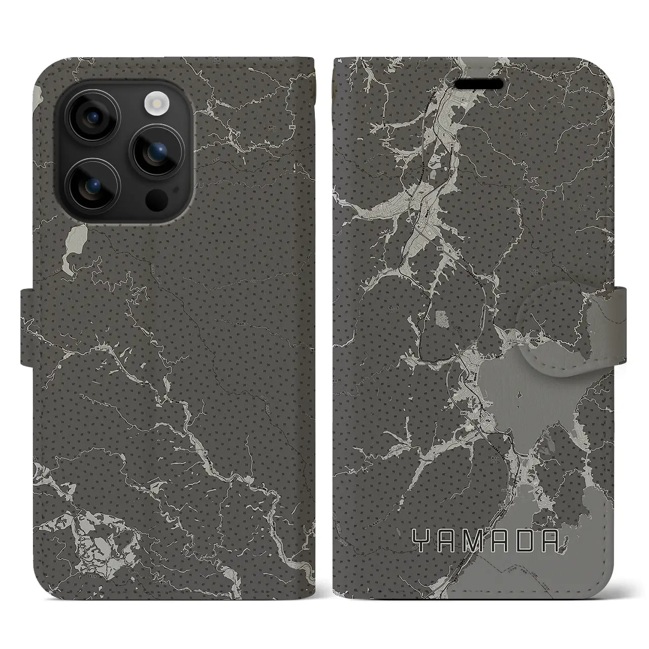 【山田(岩手県)】地図柄iPhoneケース(手帳タイプ)モノトーン・iPhone 16 用