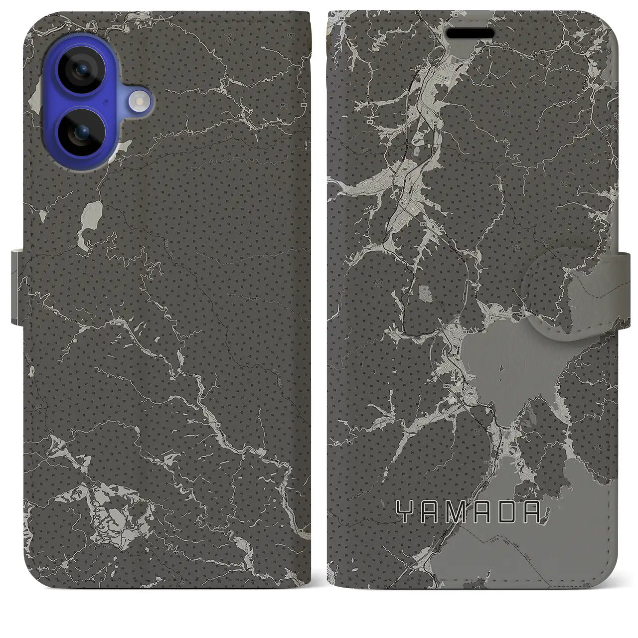 【山田(岩手県)】地図柄iPhoneケース(手帳タイプ)モノトーン・iPhone 16 Pro Max 用