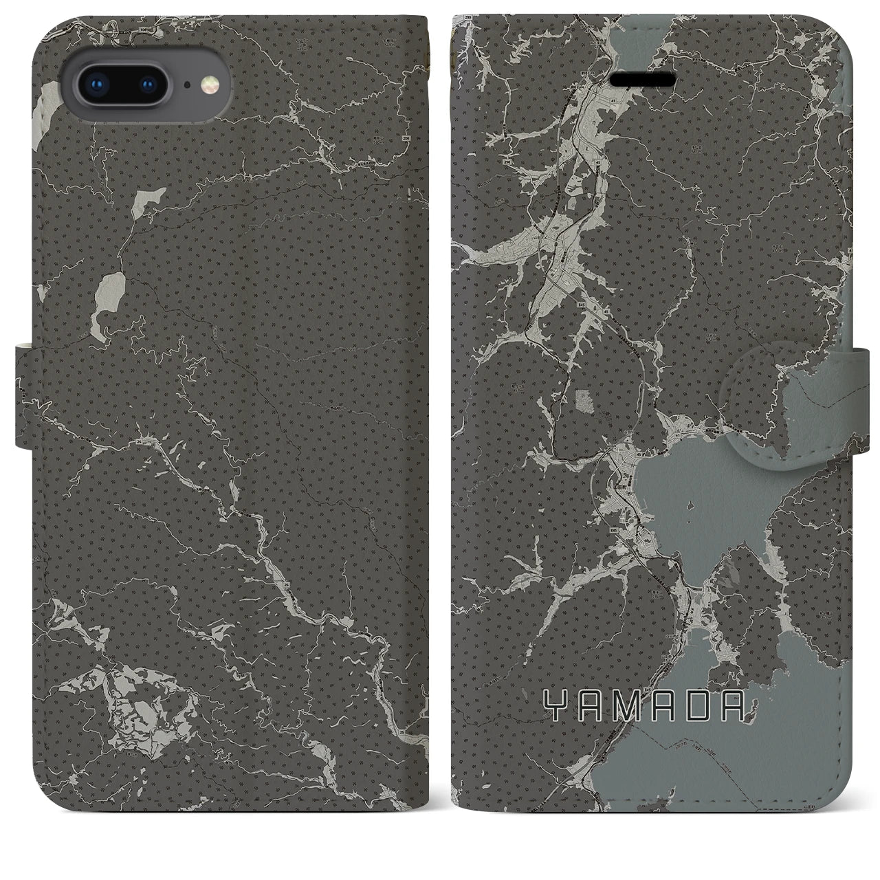 【山田(岩手県)】地図柄iPhoneケース(手帳タイプ)モノトーン・iPhone 8Plus /7Plus / 6sPlus / 6Plus 用