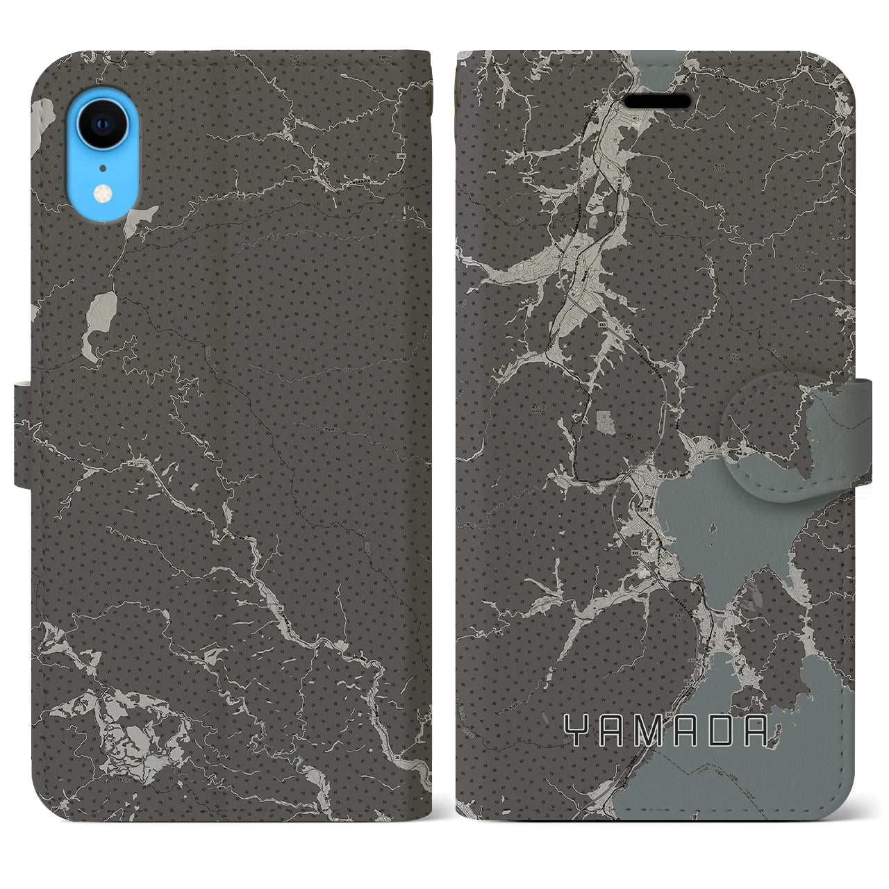 【山田(岩手県)】地図柄iPhoneケース(手帳タイプ)モノトーン・iPhone XR 用