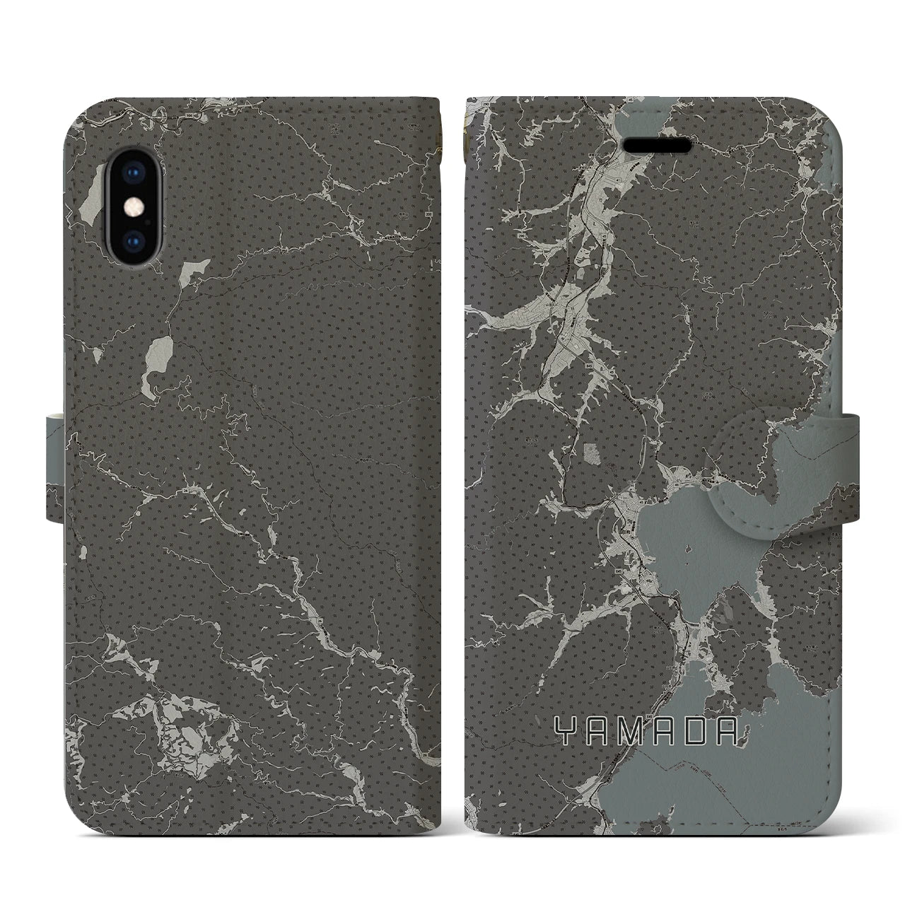 【山田(岩手県)】地図柄iPhoneケース(手帳タイプ)モノトーン・iPhone XS / X 用