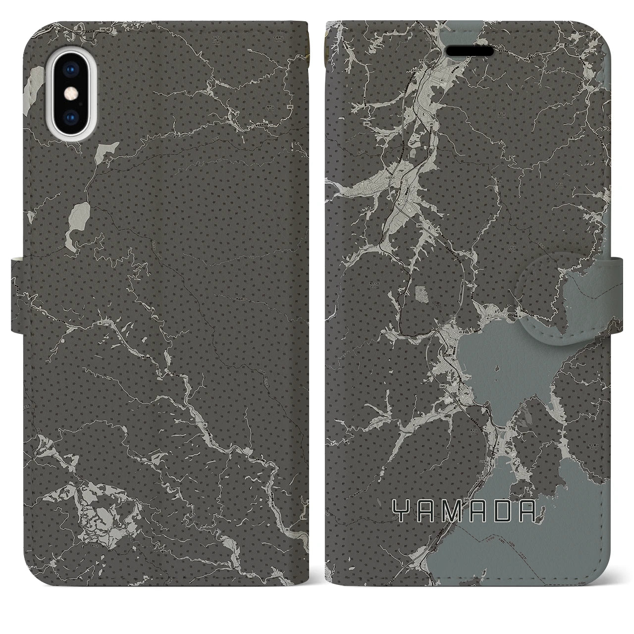 【山田(岩手県)】地図柄iPhoneケース(手帳タイプ)モノトーン・iPhone XS Max 用