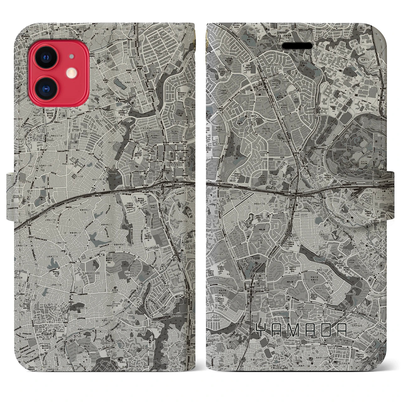 【山田(大阪府)】地図柄iPhoneケース(手帳タイプ)モノトーン・iPhone 11 用