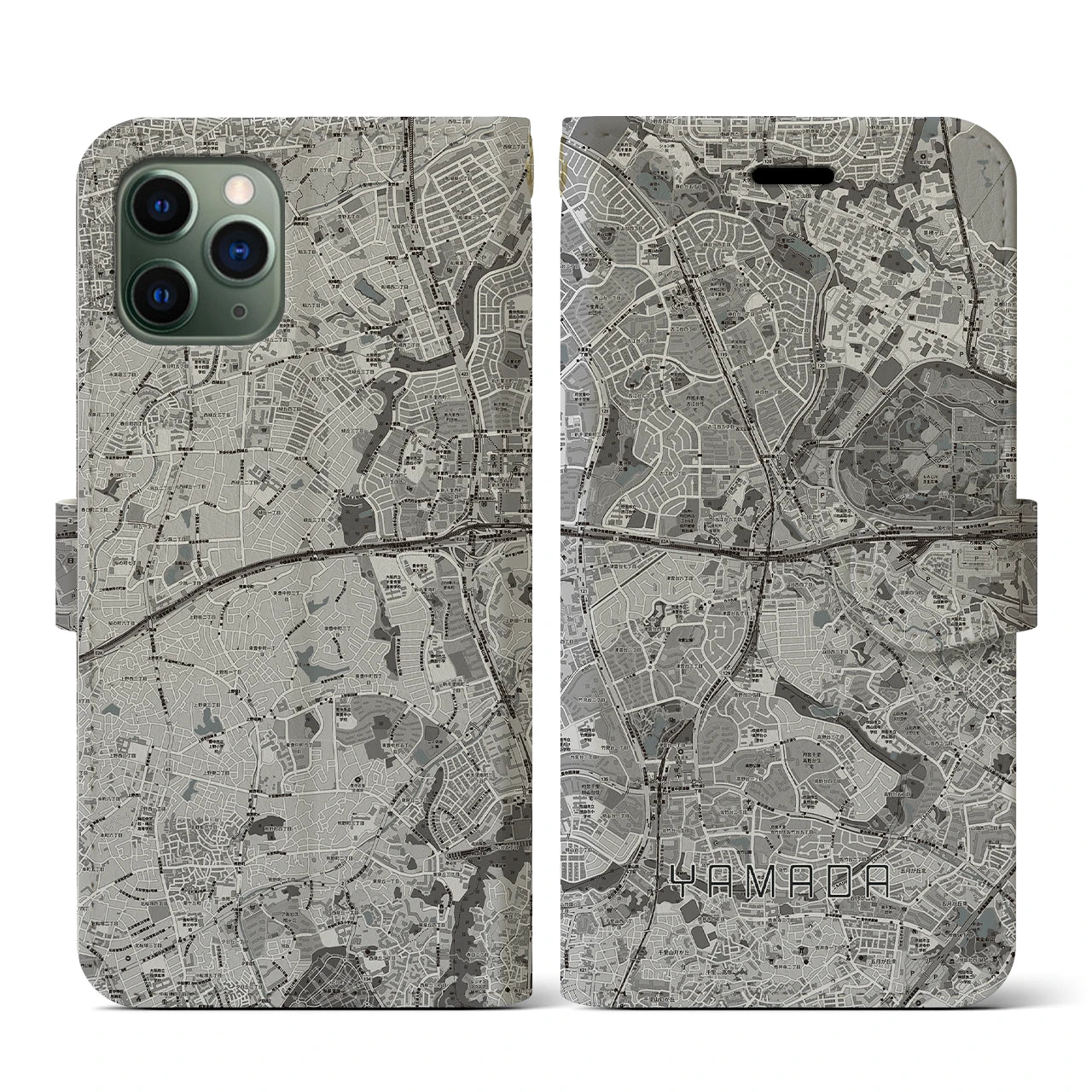 【山田(大阪府)】地図柄iPhoneケース(手帳タイプ)モノトーン・iPhone 11 Pro 用