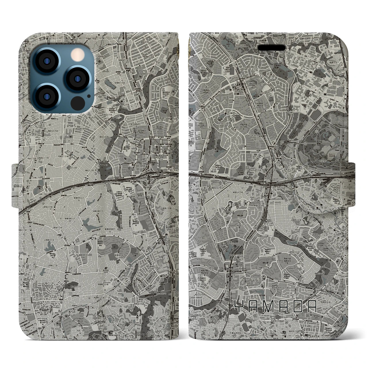 【山田(大阪府)】地図柄iPhoneケース(手帳タイプ)モノトーン・iPhone 12 / 12 Pro 用