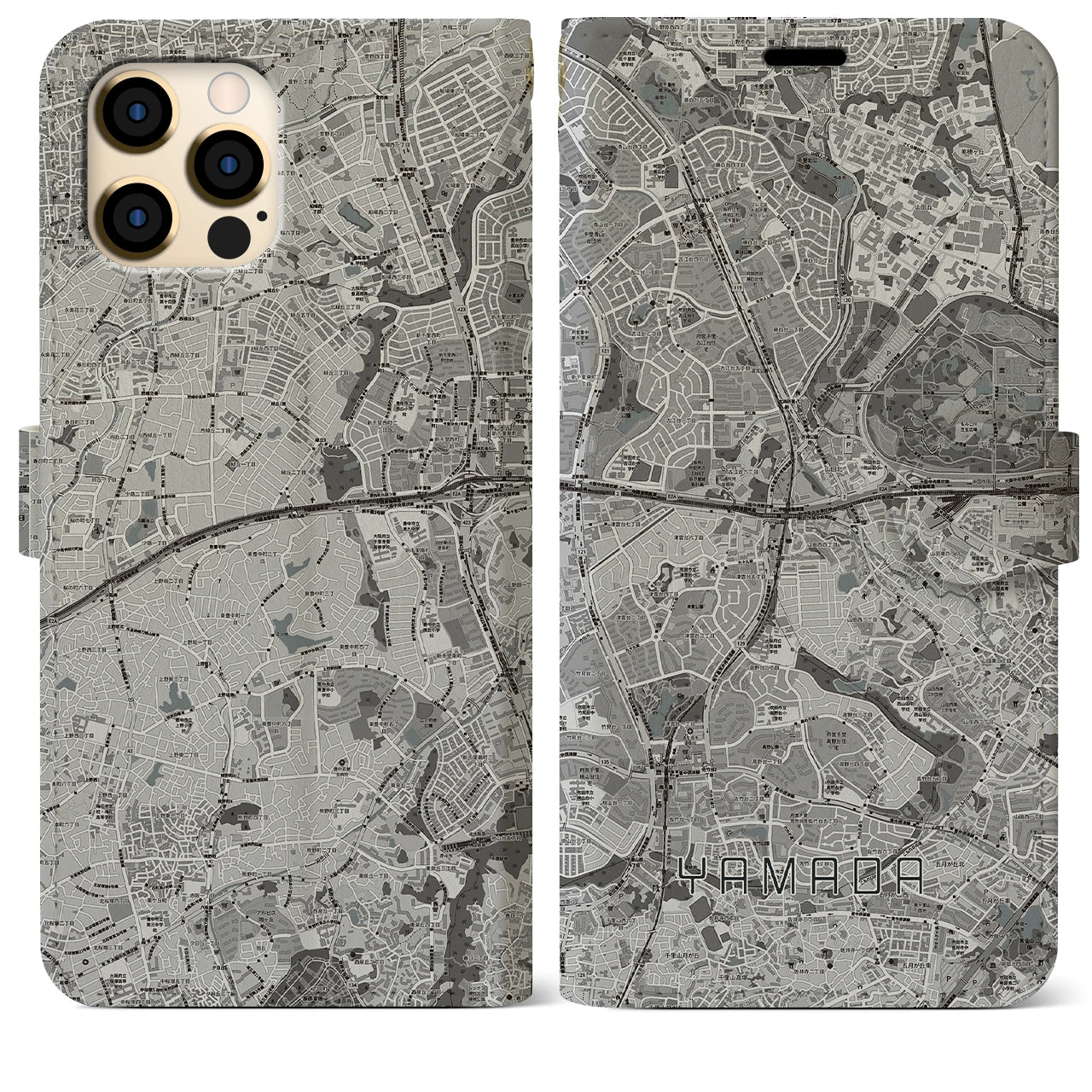 【山田(大阪府)】地図柄iPhoneケース(手帳タイプ)モノトーン・iPhone 12 Pro Max 用