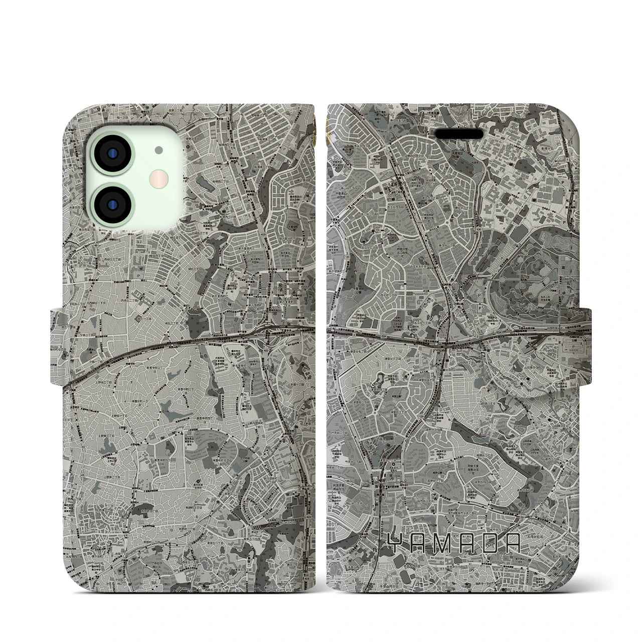 【山田(大阪府)】地図柄iPhoneケース(手帳タイプ)モノトーン・iPhone 12 mini 用