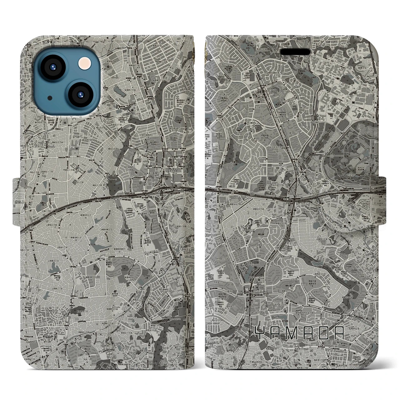 【山田(大阪府)】地図柄iPhoneケース(手帳タイプ)モノトーン・iPhone 13 用