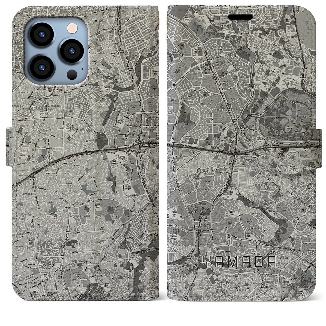 【山田(大阪府)】地図柄iPhoneケース(手帳タイプ)モノトーン・iPhone 13 Pro Max 用