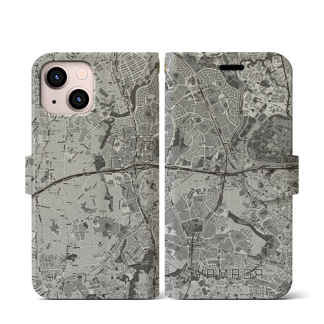 【山田(大阪府)】地図柄iPhoneケース(手帳タイプ)モノトーン・iPhone 13 mini 用