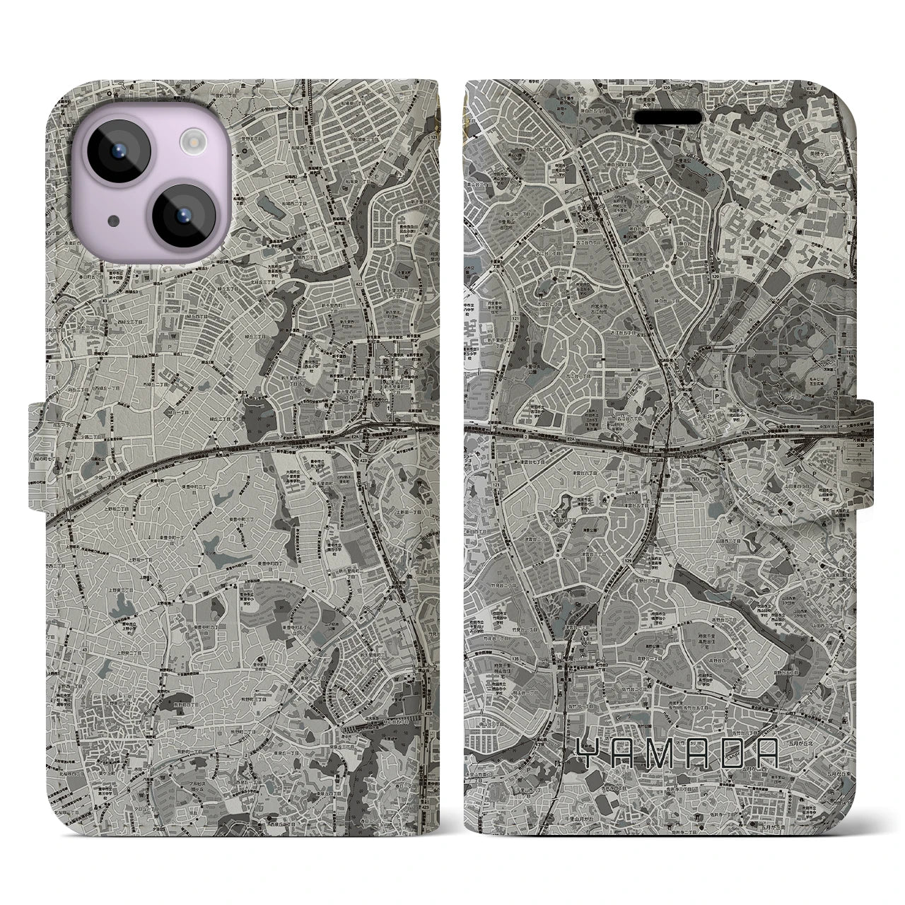 【山田(大阪府)】地図柄iPhoneケース(手帳タイプ)モノトーン・iPhone 14 用