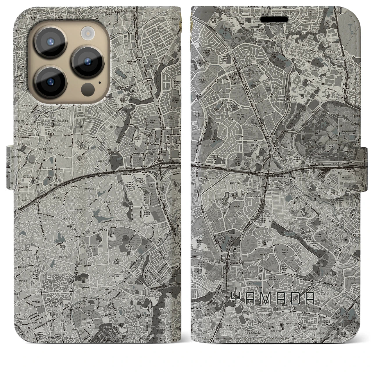 【山田(大阪府)】地図柄iPhoneケース(手帳タイプ)モノトーン・iPhone 14 Pro Max 用