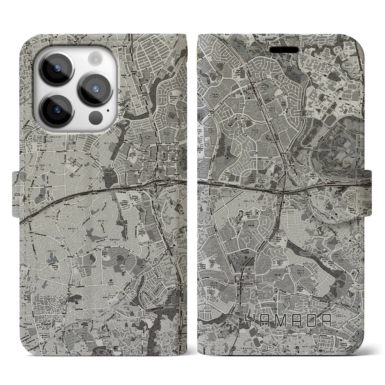 【山田(大阪府)】地図柄iPhoneケース(手帳タイプ)モノトーン・iPhone 14 Pro 用