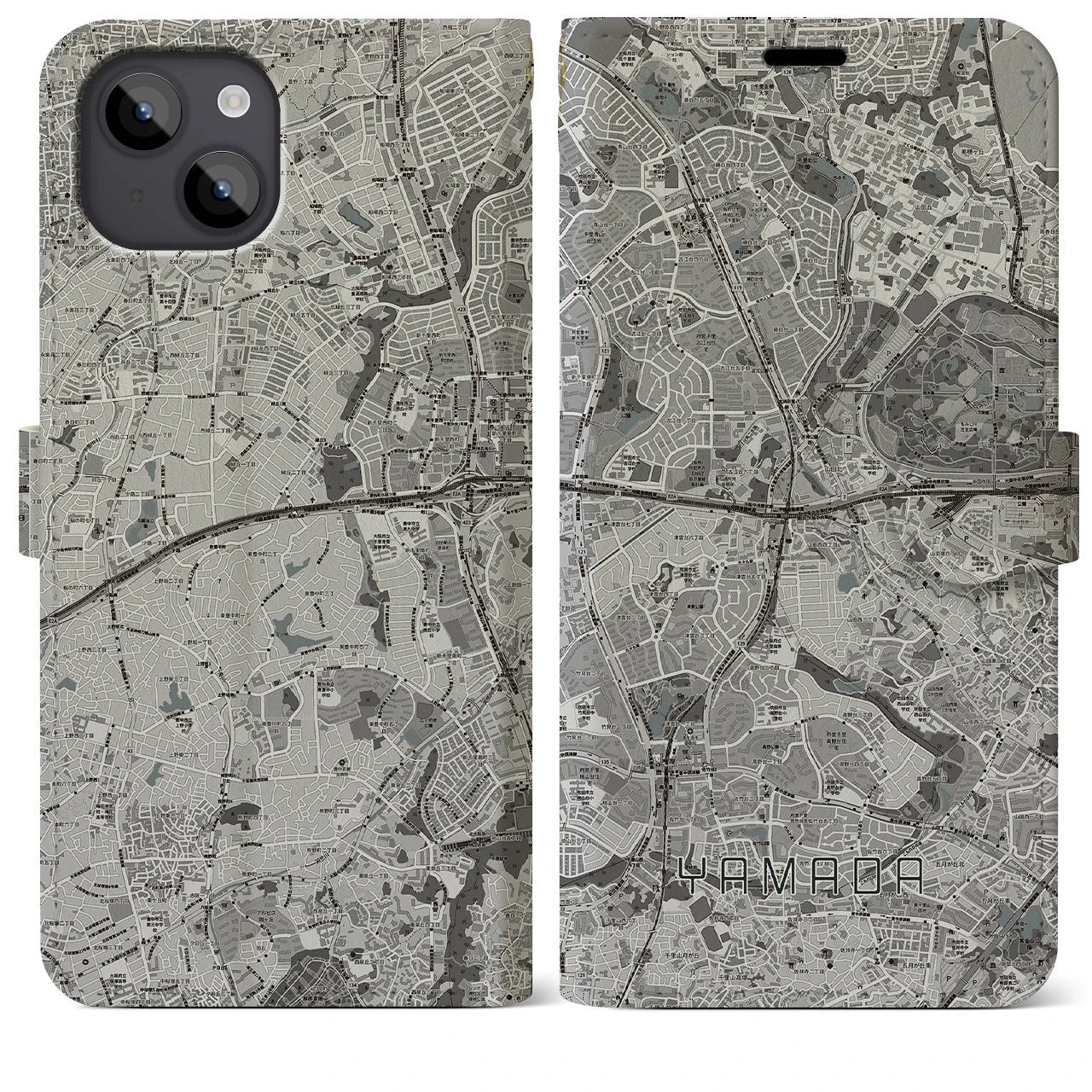 【山田(大阪府)】地図柄iPhoneケース(手帳タイプ)モノトーン・iPhone 14 Plus 用