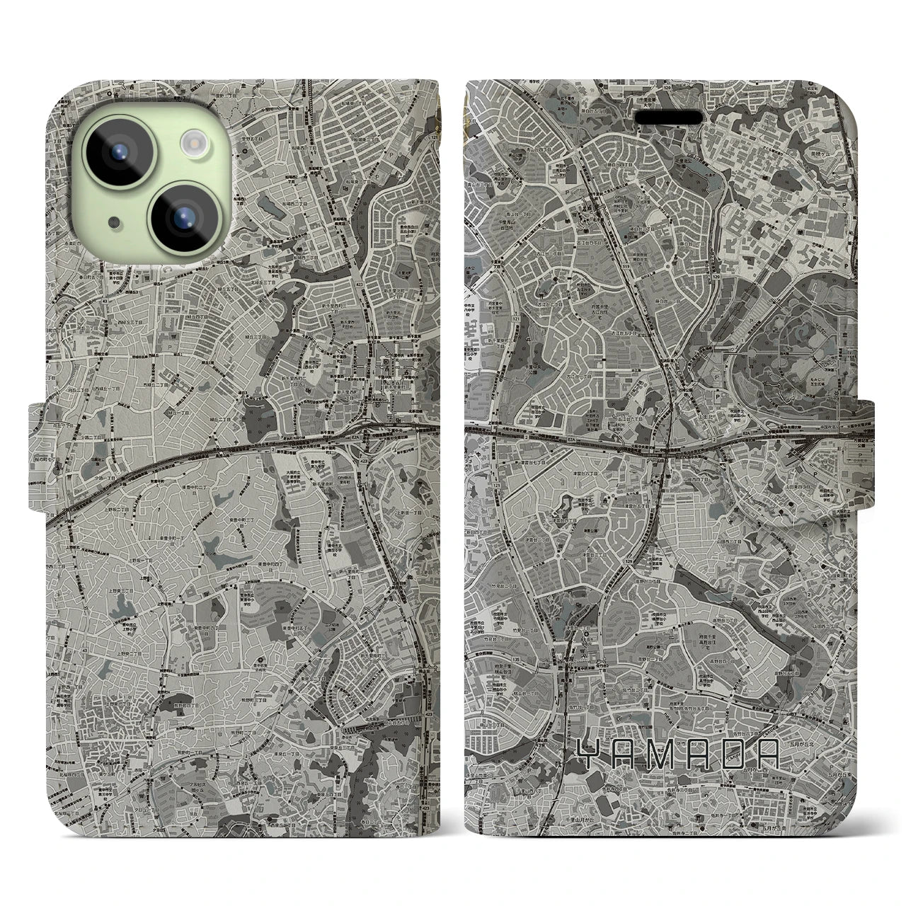 【山田(大阪府)】地図柄iPhoneケース(手帳タイプ)モノトーン・iPhone 15 用