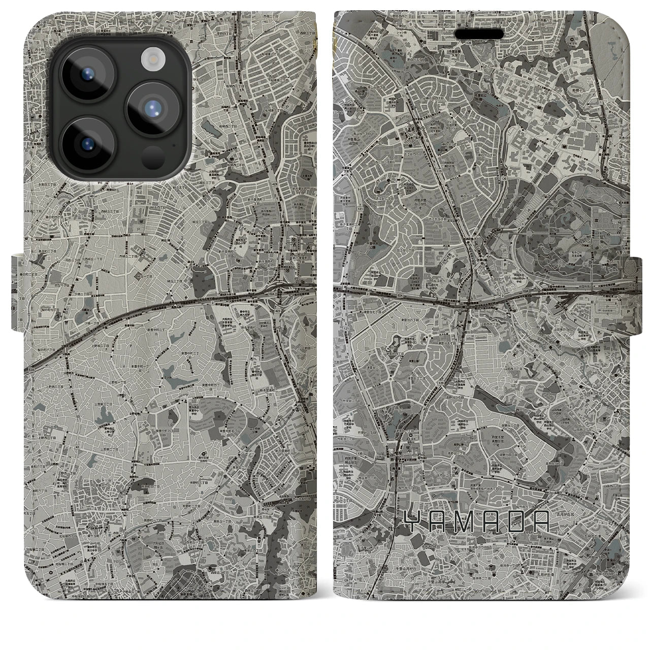 【山田(大阪府)】地図柄iPhoneケース(手帳タイプ)モノトーン・iPhone 15 Pro Max 用