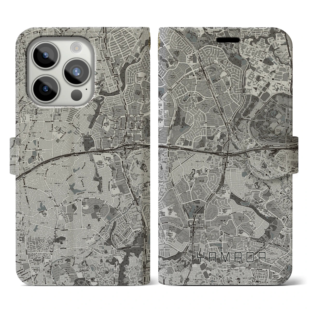 【山田(大阪府)】地図柄iPhoneケース(手帳タイプ)モノトーン・iPhone 15 Pro 用