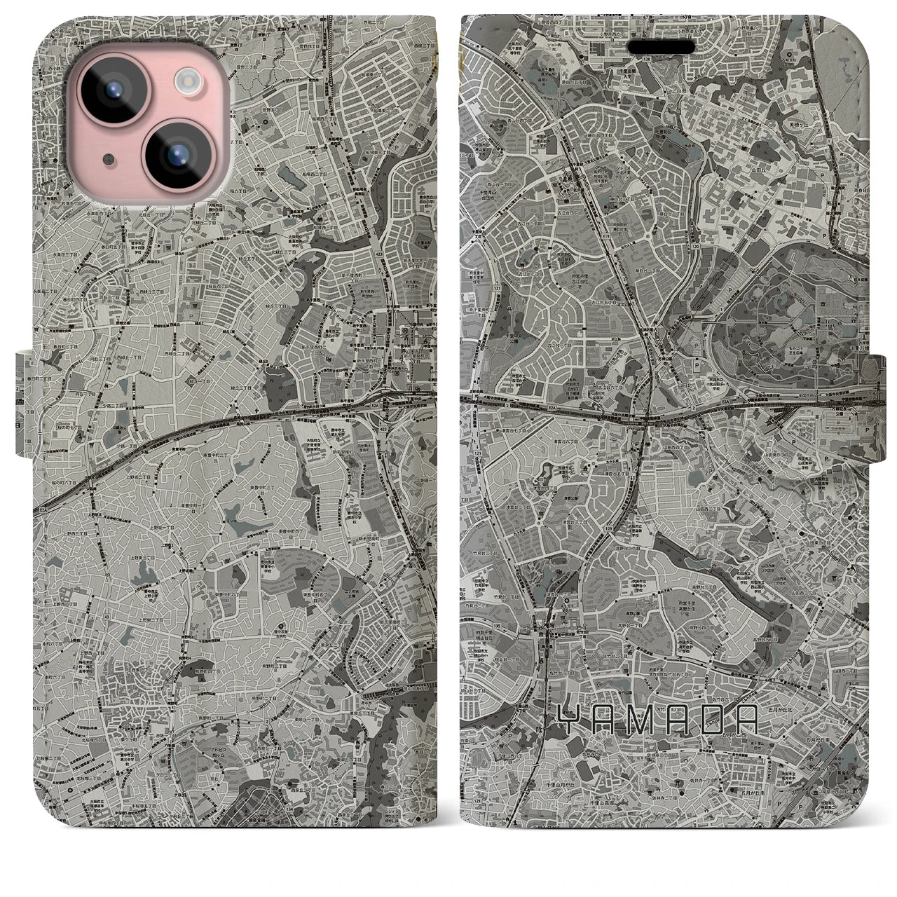 【山田(大阪府)】地図柄iPhoneケース(手帳タイプ)モノトーン・iPhone 15 Plus 用