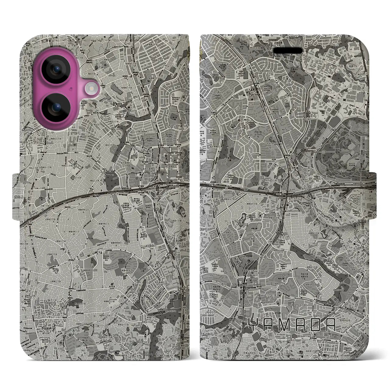 【山田(大阪府)】地図柄iPhoneケース(手帳タイプ)モノトーン・iPhone 16 Pro 用