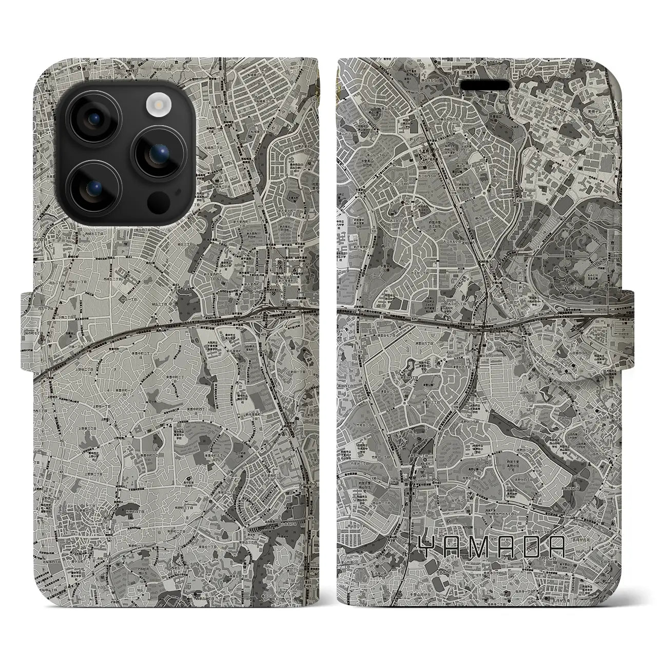 【山田(大阪府)】地図柄iPhoneケース(手帳タイプ)モノトーン・iPhone 16 用
