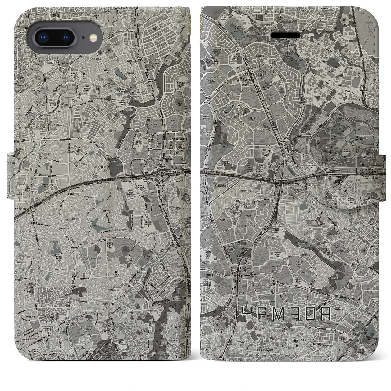 【山田(大阪府)】地図柄iPhoneケース(手帳タイプ)モノトーン・iPhone 8Plus /7Plus / 6sPlus / 6Plus 用
