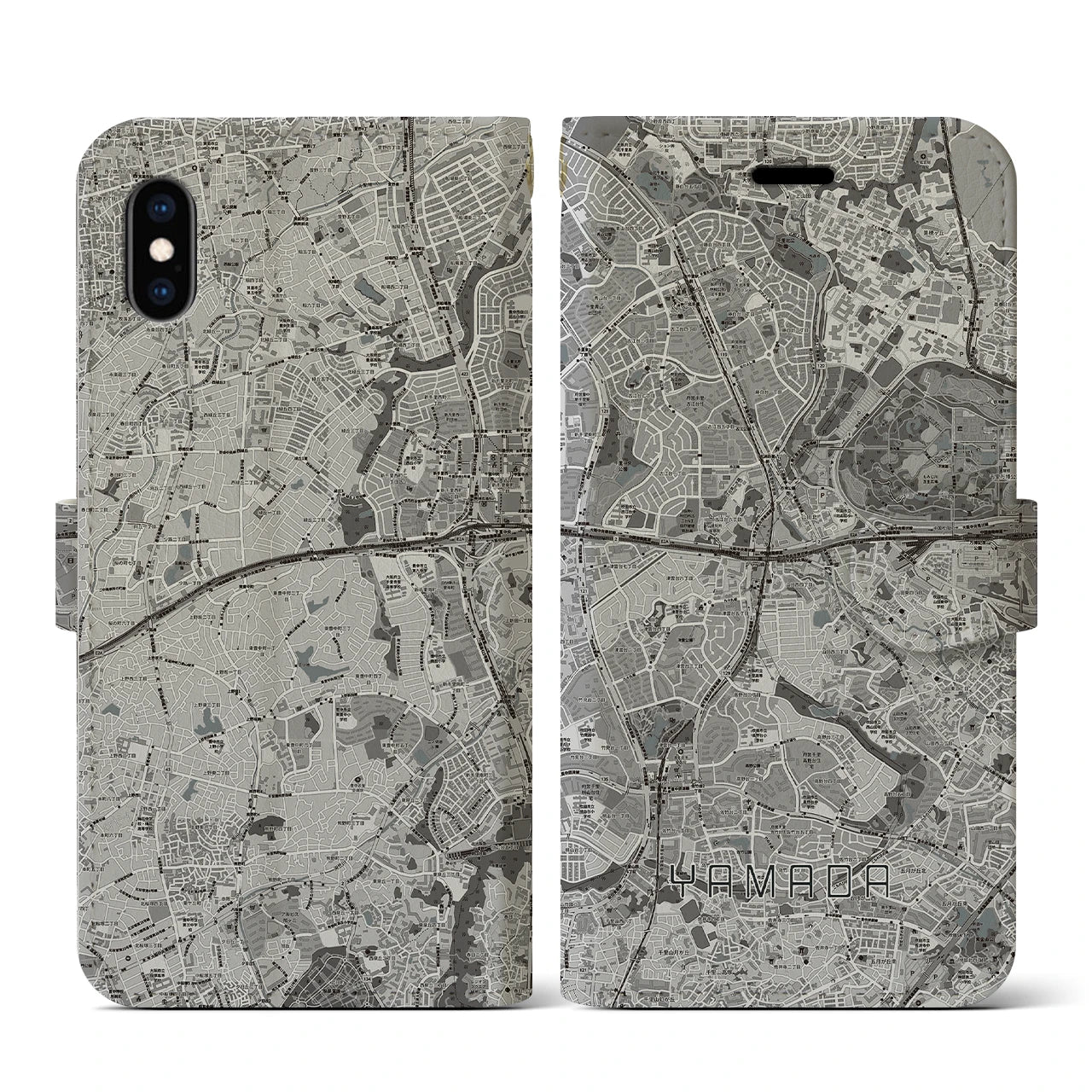 【山田(大阪府)】地図柄iPhoneケース(手帳タイプ)モノトーン・iPhone XS / X 用