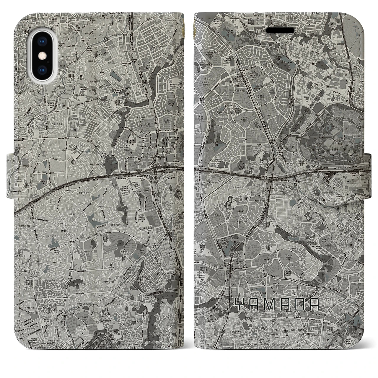 【山田(大阪府)】地図柄iPhoneケース(手帳タイプ)モノトーン・iPhone XS Max 用
