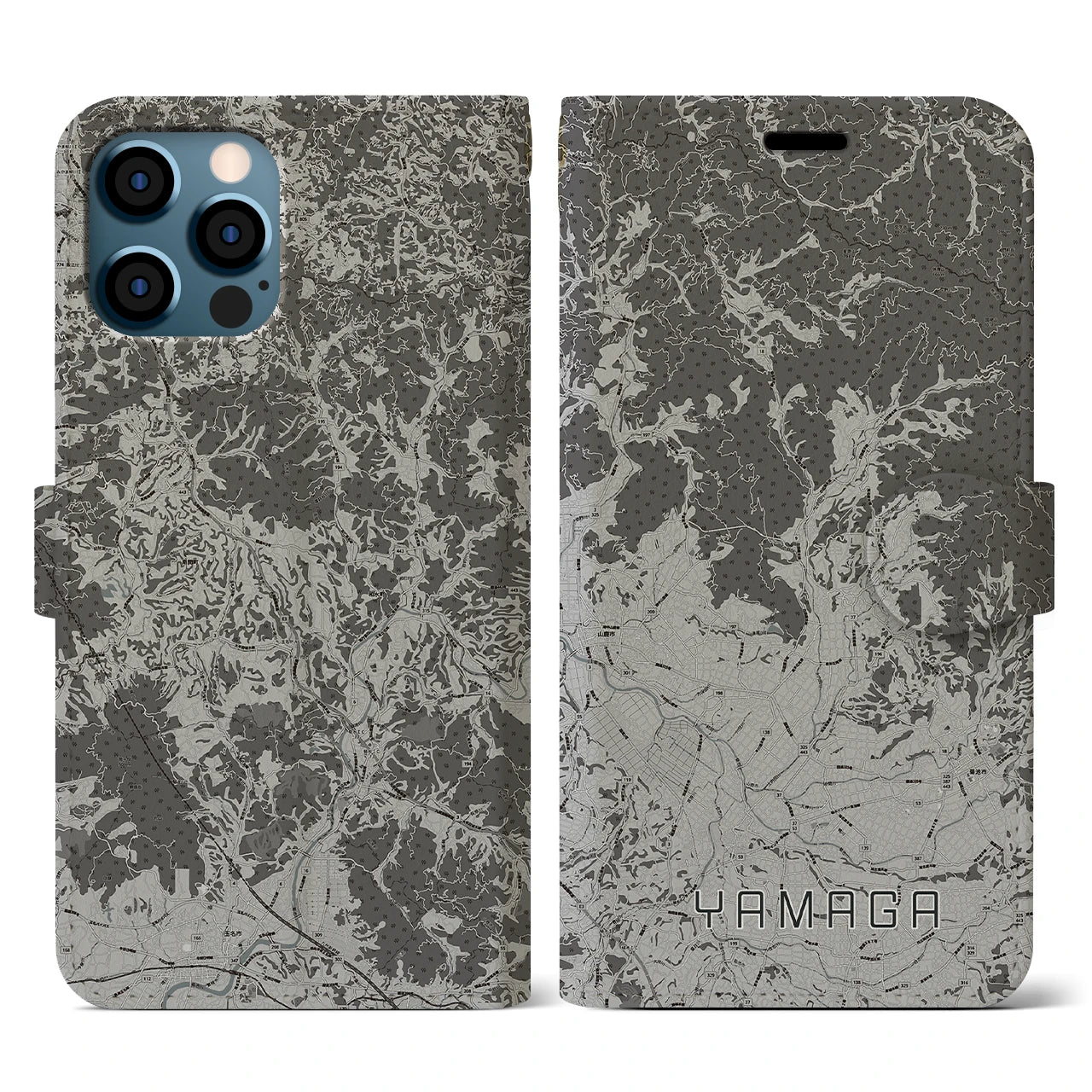 【山鹿(熊本県)】地図柄iPhoneケース(手帳タイプ)モノトーン・iPhone 12 / 12 Pro 用